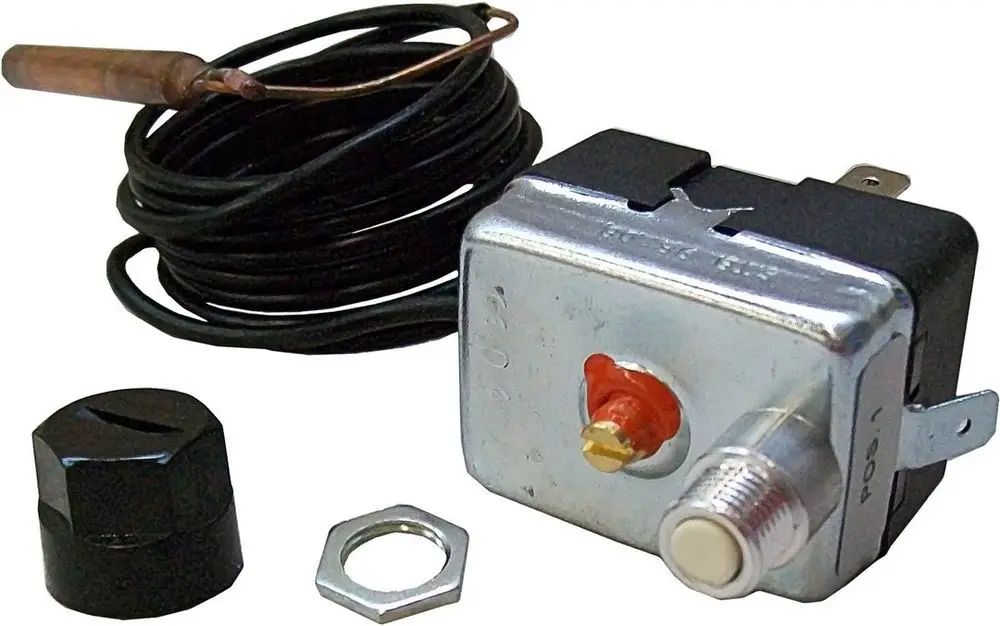 Bosch Sicherheitstemperaturbegrenzer mit einem Metallgehäuse, einem Temperaturfühler und Anschlusskabel, kombiniert mit einer Einstellschraube und einer Mutter.